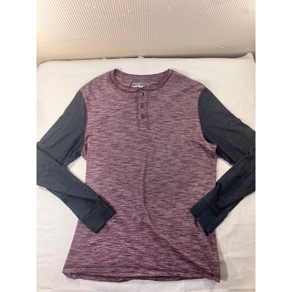 Urban‎ Pipeline Mens Henley Shirt Long Sleeve Burgundy Heather Grey Size M